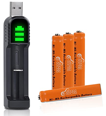 Pickle Power AAAA, 4 Batterie ricaricabili NI-Mh AAAA da 500 mAh con Caricatore USB per Surface Pen/Touch Pen/Google pixebook, spazzolini da denti/mouse