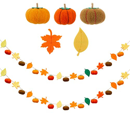 Jecery Filz-Girlande, Kürbis-Girlande, Ahornblätter, Herbst-Filz-Girlande, 2 Stück, 2 Stück, Herbst-Pom-Pom-Girlande für Thanksgiving, Halloween, Kamin, Bauernhaus, hängende Wimpelkette, Banner