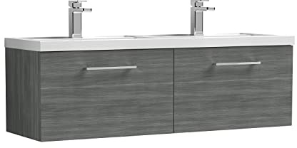 nuie ARN522C Arno Modern Bathroom Wall Hung 2 Drawer Double Vanity Unit with Twin Polymarble Basin, 1200mm, Woodgrain Anthracite