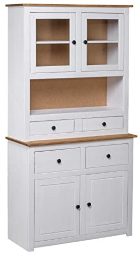 Hommdiy Kiefer Massiv Highboard mit 4 Schubladen 4 T¨¹Ren Rustikal Kommode Anrichte Schrank Vitrine Standschrank Kiefernholz Panama 93x40,5x180cm-Wei?