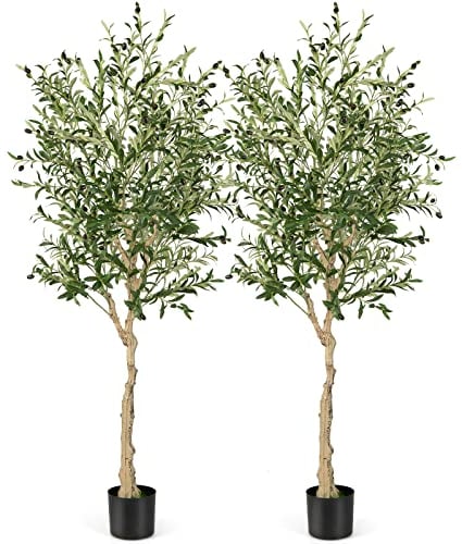 COSTWAY 2er Set Künstliche Olivenbaum, Kunstpflanze 180 cm, Zimmerpflanze mit Zementtopf & natürlichen Blättern & 72 Früchten, Kunstbaum für Garten Büro Zuhause, Künstliche Pflanzen Grün