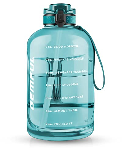 GEMFUL 3 Liter Motivational Water Bottle with Straw & Handle - Large Capacity, BPA Free, Time Marked, Leak Proof Hydration Jug for Gym, Travel & Outdoor Use (Cyan) 