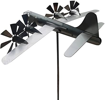 Garten Windspiel Flugzeug Windrad Metall Kunst Kinetische Skulptur Handgemachte Patio Dekoration für Außen Balkon Rasen Yard Eisen Wetterfahnen,Silver,30 * 32CM
