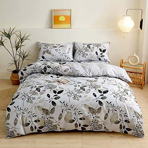 Damier Bettwäsche 155x220 3 Teilig Weiß Schwarz Blätter Motive Bettwäsche Weich Kuschelig Mikrofaser Bettbezug Set Modern Aesthetic Deckebezug mit Reißverschluss und 2 Kissenbezüge 80x80 cm