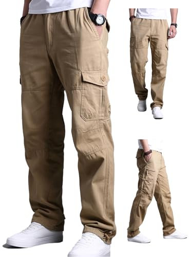 Aotoyou Pantalon Cargo Ete Homme Pantalons de Travail Coupe Droite Taille Elastique Randonnée Kaki XXL