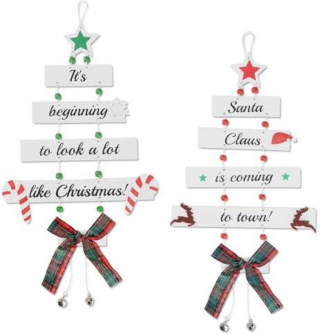 FINGOOO Wooden Christmas Hanging Decoration, 2 Pcs Xmas Ornaments Patterned Decorations Party Supplies Accessories（Red& Green）