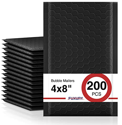 Fuxury Black Bubble Mailers 4x8 200 Pack Waterproof Padded Envelopes Self Seal Bubble Envelopes Usable Size 4x7 Padded Mailers for Small Business Shipping Envelope Mailers