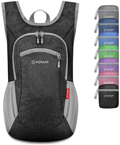 ZOMAKE Kleiner Leichter Rucksäcke 10L Mini Day Bag für Wandern Reisen und Städtetrips,Faltbarer Rucksack für Damen Herren Kinder und Jugendliche(Schwarz)