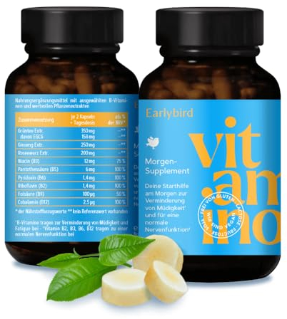 Vitamino Earlybird - Grüntee-Extrakt-Kapseln mit Vitamin-B-Komplex, Rosenwurz, Ginseng & Pflanzenextr., vegan, glutenfrei, laktosefrei - 120 Kapseln