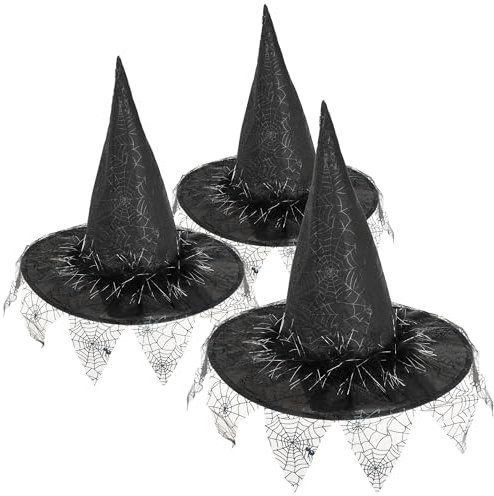 com-four® 3X Hexenhut - Zauberer-Hut perfekt für Fasching, Karneval, Halloween - spitzer Zauberhut für Hexen-Kostüm - Schwarze Magier-Kopfbedeckung (3 Stück - Hut Spinnennetz und Federn)