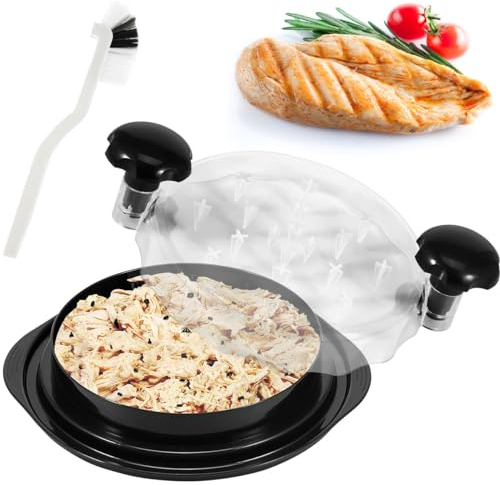 Hähnchen Zerkleinerer 25x25x8,5cm PP Hähnchen-Zerkleinerungswerkzeug mit Bürste und Transparenter Deckel Spülmaschinenfest BBQ Grill Pulled Chicken Shredder für Hähnchen Pork Rindfleisch (Schwarz)