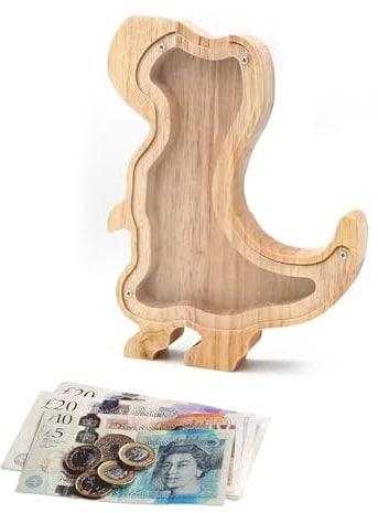 TOTHDATE Animals Wooden Money Box - Dinosaur, Money Box with Alphabet Stickers Wooden Coin Bank for Kids Home Decoration