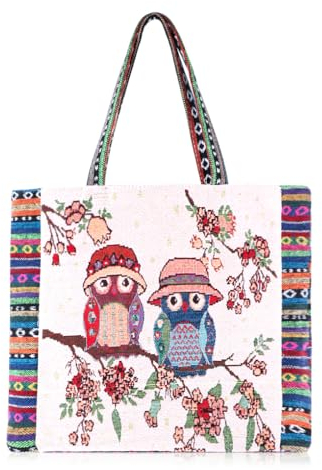 Oyachic Große Canvas Handtasche Damen Eule Hobo Frauen Schultertasche Damen Umhängetasche Stickerei Shopper Tote Bag für Arbeit Reisen Bücher Einkaufen
