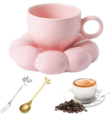 250ml Kaffeetassen Set mit Untertasse: Blumen Cappuccino Tassen Keramik Kaffeetassen, Espresso Tassen Set mit Untersetzern sowie Gabeln und Löffeln, Espressotassen für Tee, Kaffee, Cappuccino