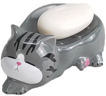 GUASDIE Porte-Savon, Porte-Savon pour Chat créatif, Porte-Savon en céramique, Porte-Savon Auto-drainant, Porte-Savon décoratif pour Douche de Salle de Bain, Facile à Nettoyer, Garde Le Savon Sec,Gris