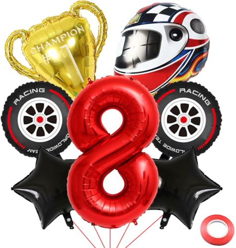 Kawailay 8 Jahr Rennauto Geburtstag Luftballons 8. Rennwagen Geburtstag Deko Racing 8. Geburtstag Deko Ballons Trophäen Helm Reifen Folienballon Rot Zahl 8 Luftballon für Junge Geburtstag Party