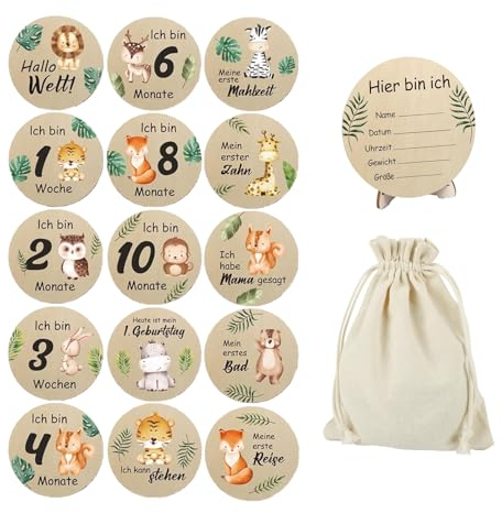 Meilensteinkarten Baby Holz auf Deutsch, Monatskarten Baby 1-12 Monate, 30 Wichtigen Momente auf Holzscheiben, Meilensteinkarten Schwangerschaft, Geschenkideen für Werdende Eltern (Hellgrün)