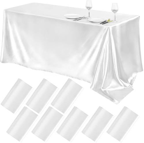 TURSTIN Satin-Tischdecke, rechteckig, helle Seide, glatter Stoff, Overlay, Tischdekoration für Hochzeit, Bankett, Party, Events, 259 x 147 cm, Weiß, 8 Stück
