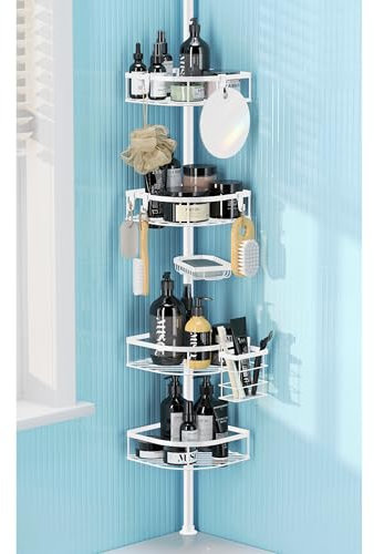 TIMIANO Dusch-Caddy-Spannstange, 4-stöckig, verstellbar, Eckdusche, Steh-Caddy, rostfreies Duschregal für Badezimmer, Badewanne, 130-250 cm, ohne Bohren, Duschregal für Innendusche (Weiß)