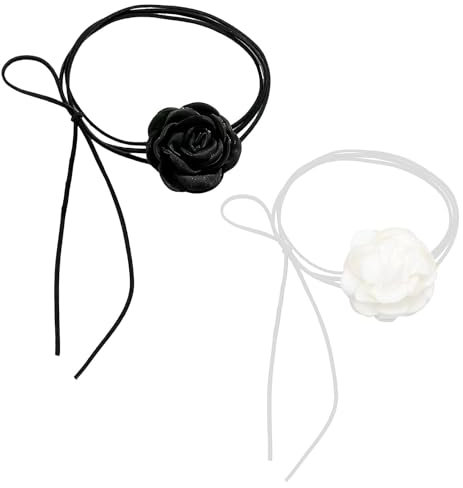 Smomend 2 PCS Collana Girocollo Fiore Donna con Rosa, Nero, Bianco, Elegante Collana Fiore Rosa Collana Girocollo, Collana Girocollo Fiori Rosa Gotico, Perfetto per Feste e Occasioni Speciali