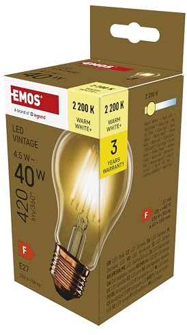 EMOS LED Lampe Vintage Edison Typ A60, 4,5W Ersatz für 40W Glühbirne, Amber Glaskolben mit E27 Sockel, Helligkeit 420 lm, Warmweiß 2200 K, 25000 Stunden Lebensdauer, CRI min. 80, 320° Abstrahlwinkel
