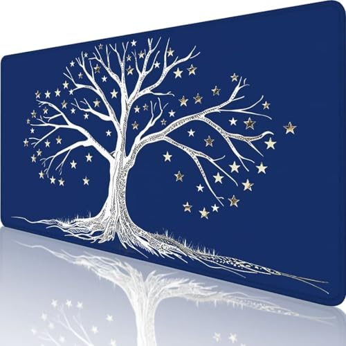 Blau Mauspad XXL 800 x 300, Erweiterte Groß Mousepad Baum, Wasserfest Schreibtischunterlage Groß Vernähte Kanten Design, Mouse Pad mit Rutschfeste Gummibasis für Pc Büro Deko, Geschenke für Männer s-K