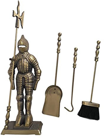 GLJTUO Cast Iron Fireplace Tool Set 5-Piece Antique Brass Middle Ages Knight Fireplace Hearth Fire Pit Accessories with Tongs Shovel Brush Poker 73cm Tall