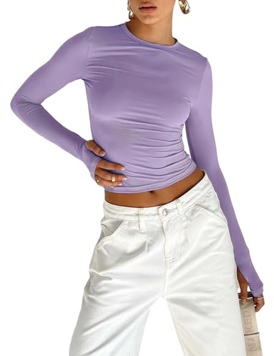 Women's Slim Fit Crop Tops Casual Solid Color Crew Neck Long Sleeve Tight T-Shirt Basic Blouse Tee Tops (X-Purple with Thumb Holes, M)