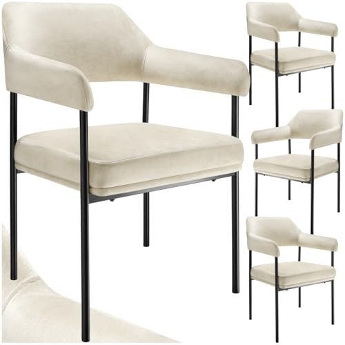TecTake® Silla de Comedor Acolchada, Tapizada en Tela, con Respaldo Continuo y Reposabrazos, Patas de Acero Estables, Silla para Cocina, Salón, Dormitorio - 4 sillas Aspecto Terciopelo Blanco Roto