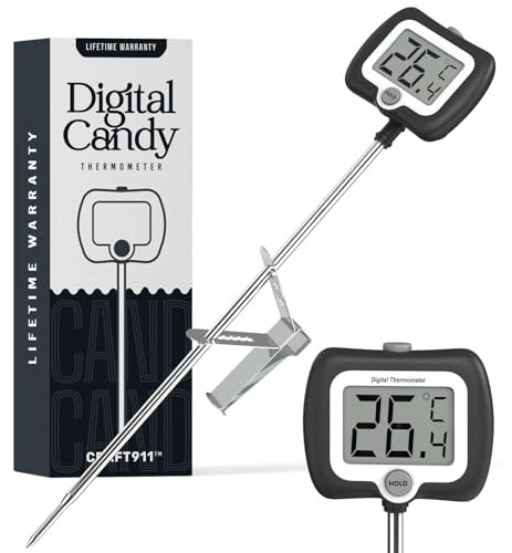 Digital Candy Thermometer with Pot Clip, Instant Read Kitchen Thermometer for Cooking, Baking, and Candy Making – 10 Stainless Steel Probe, LCD Display, Essential Baking Tool (Black)