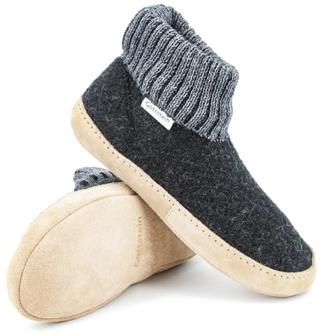 Gottstein Hüttenschuh Dakota aus Mulesing-freier Schaf-Schurwolle – Handgefertigte Hausschuhe aus Wollfilz für Damen & Herren Größe EU 36-47 – Mit hohem Strickbund & gepolsterter Ledersohle