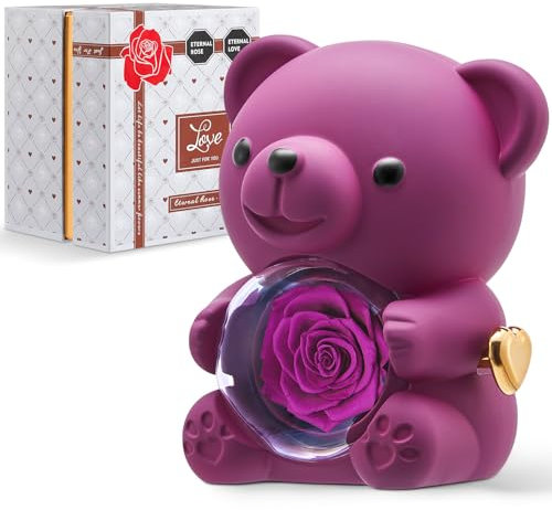 Mikasol Romantic Teddy Purple Bear with Preserved Rose – A Timeless Expression of Love - Real Rose in Elegant Grey Gift Box for Valentine's Day, Anniversaries, Weddings, Mother's Day