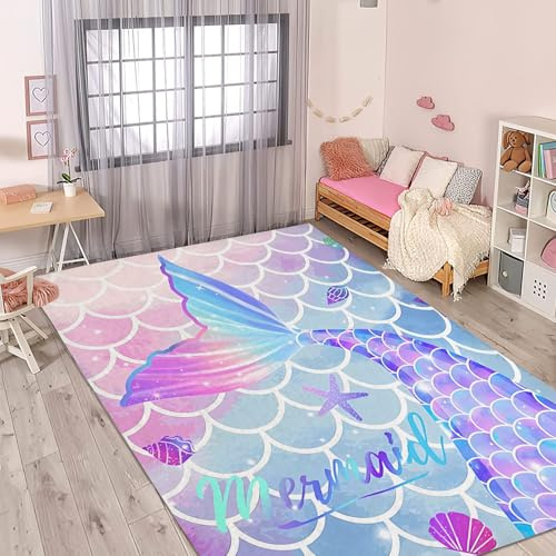 CHEFFS Mermaid Teppich Wohnzimmer 160x230cm Schlafzimmer Kinderteppich Kinderzimmer, Cartoon Meerjungfrau Teppich Kinder Fischschuppen Spielteppich Wohnzimmerteppich (2,50 x 80 cm(BxH))