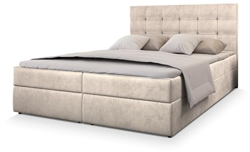 Masseno Boxspringbett GLOS M 180x200 cm Komplett-Set mit Matratze und Topper, Polsterbett mit Zwei Bettkästen -Beige, Monolith 04