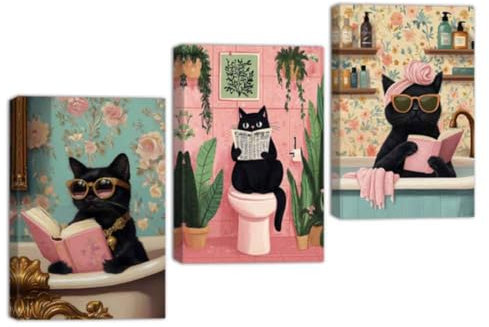 ZQQART 3 Pcs Cat Bathroom Canvas Wall Art Black Cat Sitting on Toilet Reading Picture Prints Animals Green Plants Painting Washroom Wall Decor Framed(Black,30x40cmx3 Pieces)