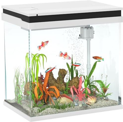 PawHut Fish Tank, 26L Glass Aquarium with Filter System, LED Lights, Water Pump, Betta Fish Tank for Goldfish, Shrimps, White