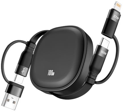 MINLU 100W Cable Carga Multiple Retráctil, 5 en 1 Cable USB Carga Rapida, Retráctil Cable Cargador Multiple, Cable de Carga Rápida con IP/Tipo C/USB A Puerto para IP,iPad,Galaxy,Ps4/5,Tablets