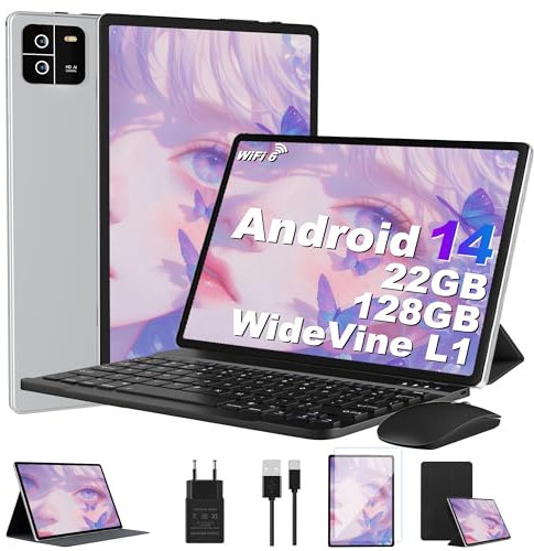 MIRGAMO Tablet 10 Pollici Android 14 22GB RAM+128GB ROM(TF 1TB),Octa-Core,8000mAh,Widevine L1,WiFi,GPS,1920 * 1200 FHD,16+8MP,2 in 1 Tablet PC con Tastiera e Mouse-Argenteo