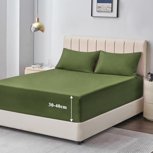 Aisbo Drap Housse 160x200 Grand Bonnet 40 cm - Drap Housse 2 Personnes 160 x 200 Grand Bonnet 40 cm Matelas en Microfibre Oeko-Tex avec Élastique Tout Autour, Vert Olive