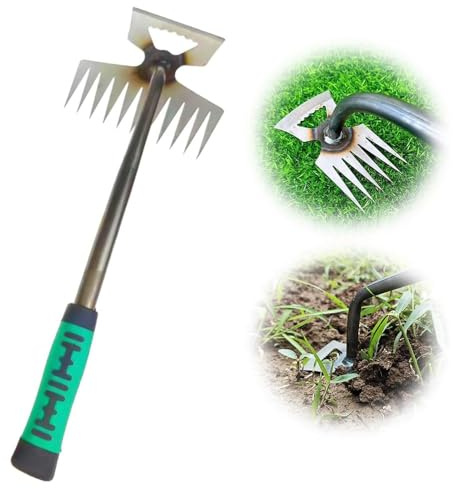 2025 Neu Unkrautstecher Edelstahl, Gartengeräte Wurzeljäter, Gartenwerkzeug Manuelles Unkrautjätgerät aus Edelstahl, Manueller Weeder Löwenzahnzieher Rasenmäher für den Garten Rasen Hof (11 Zinken)