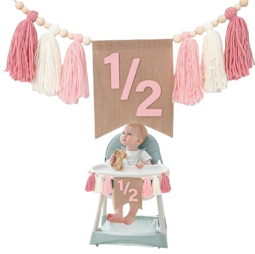 GlamRays Rosa 1/2 Geburtstag Hochstuhl Banner - Mädchen Halb Geburtstags Party Dekorationen Rosa Tassel Holzperlen Hochstuhl Girlande