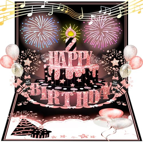 Aleture Birthday Cards, MUSIC & LIGHTS & BLOWABLE CANDLE Funny 3D Pop up Happy Birthday Card, Birthday Gifts for Women Wife Sister Friends Mum Nana, Greeting Cards With Envelopes Black Pink