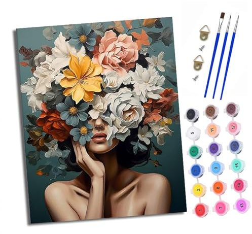 Pintura por Números para Adultos Mujer con flores cubriéndose la cara Kit de Pintar por Números DIY con 3 Pinceles y Pinturas Acrílicas Con marco 40x50 cm Regalo para Decoración de Pared del Hogar