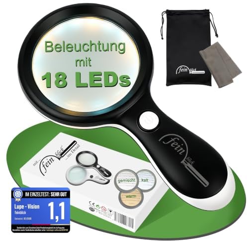 FEINBLICK Große Lupe mit Licht, Beleuchtung 18 LED, kalt/warm | Lesehilfe für Senioren, für Münzen, Sammelkarten, Büro, Bücher, Leselupe, für Links- und Rechtshänder, 5x Vergrößerung
