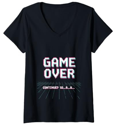 Womens Retro Game Over Continue 10 9 8 Gamer Arcade V-Neck T-Shirt