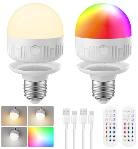 LGMCF E27 Wiederaufladbare Glühbirne, 8W, RGBWW, Dimmbare, Timing, 2 Pack | 15 Farben, Fernbedienung, Magnetfuß, Akku Glühbirne, LED Aufladbare Glühbirne für nicht festverdrahtete Lampen