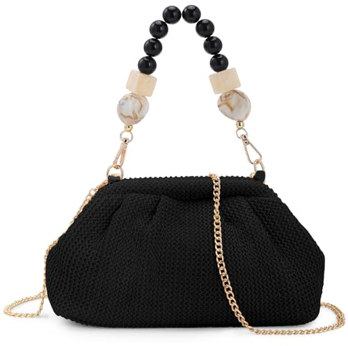 wocharm Women Straw Woven Pleated Cloud Shape Clutch Bag, Beaded Handle Summer Beach Crossbody Evening Purse with Chain Strap