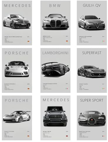 9 Stück Super Auto Poster, Supercar Posters, Schwarz Weiß Supersportwagen Wandbilder für Jungen und Männer, Rennwagen Leinwandbilder für Wohnzimmer, Wohnzimmer, Geschenk für Autoliebhaber, Jugendliche