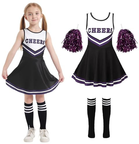 Cnexmin Deguisement Cheerleader Costume De Cheerleader pour Filles Uniforme De Pom-Pom Girl Cosplay Costume avec Pompoms Manches Costume Cheer Leader Halloween Carnaval Mascarade,Black 160cm
