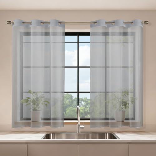 Runyéla Voile Gardinen mit Ösen 2er Set, H 120 x B 90 Stores Gardinen Grau Transparent, Vorhänge Durchsichtig Weiss, Ösenvorhang Kurz Schlaufenschal für Schlafzimmer Wohnzimmer Küche Sheer Curtains
